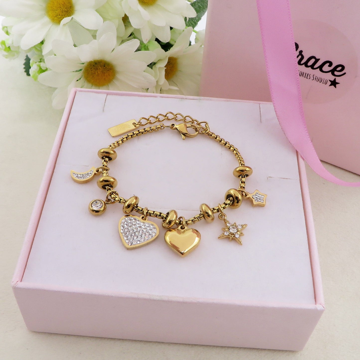 MOON & STAR - Bracciale con luna stelle e cuori pendenti bombe' ACCIAIO INOSSIDABILE e Cubic Zirconia