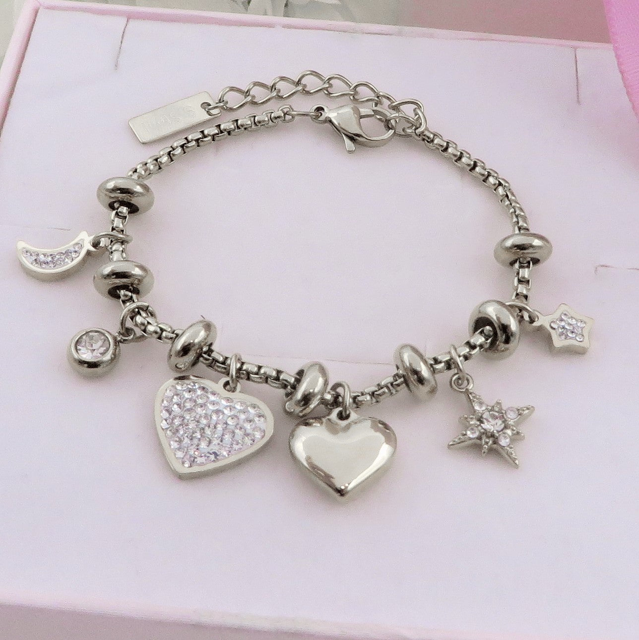 MOON & STAR - Bracciale con luna stelle e cuori pendenti bombe' ACCIAIO INOSSIDABILE e Cubic Zirconia