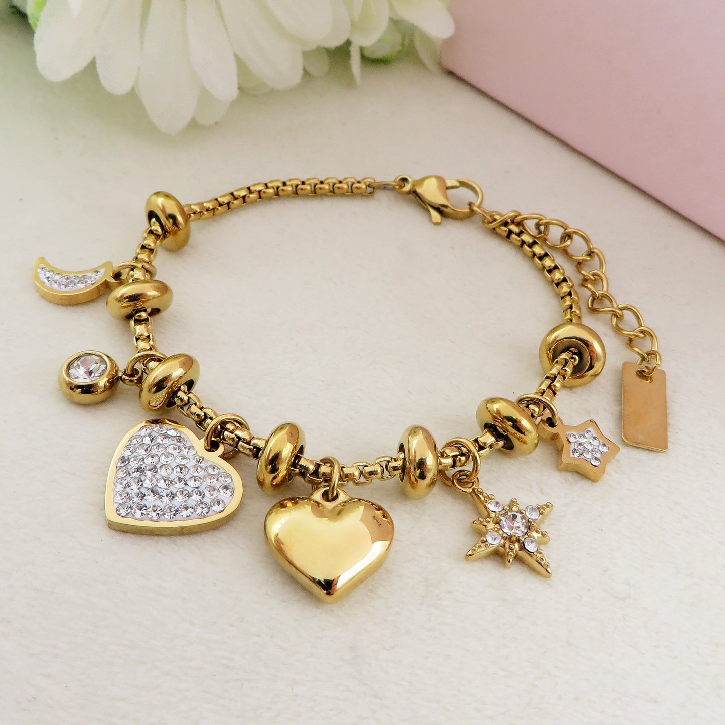 MOON & STAR - Bracciale con luna stelle e cuori pendenti bombe' ACCIAIO INOSSIDABILE e Cubic Zirconia