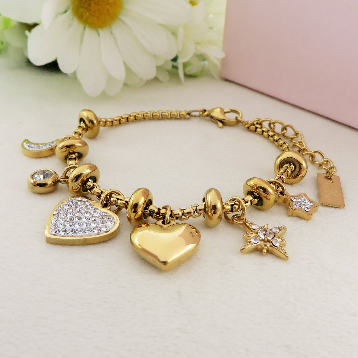 MOON & STAR - Bracciale con luna stelle e cuori pendenti bombe' ACCIAIO INOSSIDABILE e Cubic Zirconia