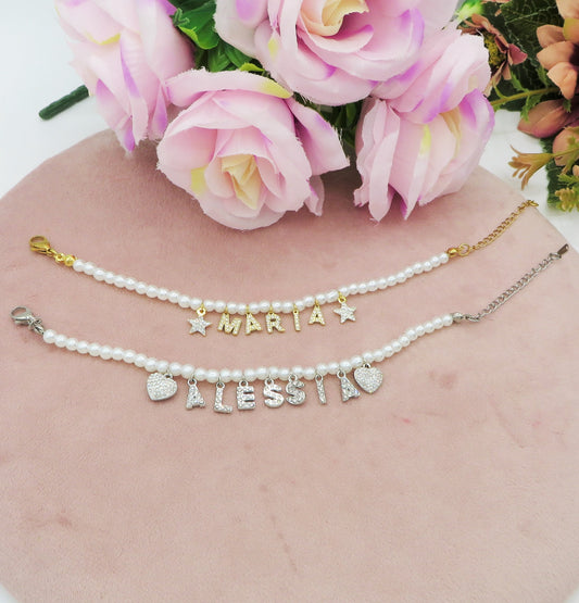 BRACCIALE Perle Con Nome personalizzabile in Acciaio Inox