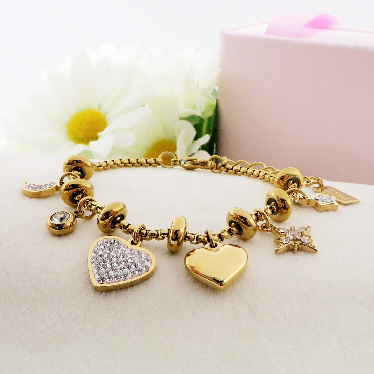 MOON & STAR - Bracciale con luna stelle e cuori pendenti bombe' ACCIAIO INOSSIDABILE e Cubic Zirconia