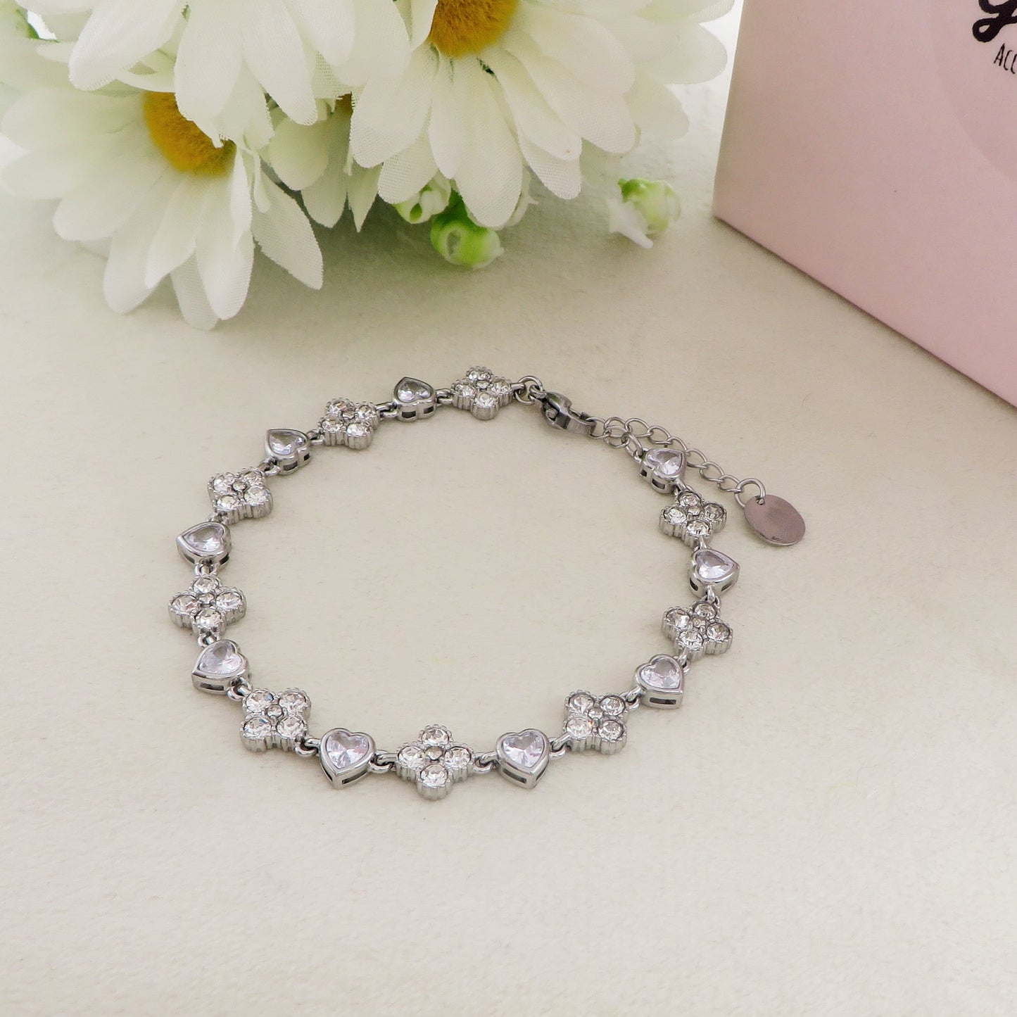 CASSIA HEARTS ~ACCIAIO INOSSIDABILE - bracciale tennis quadrifogli e CUORI con cubic zirconia