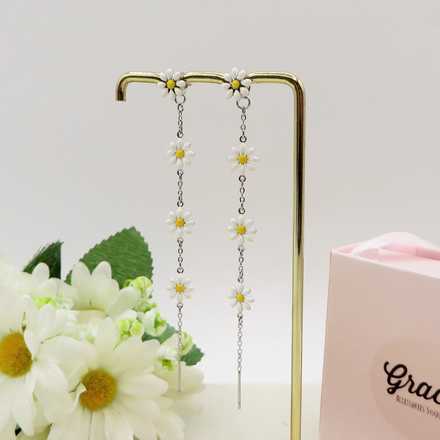 DAISY FAIRY ~ paio Orecchini ACCIAIO INOSSIDABILE pendenti con margherite stile saliscendi