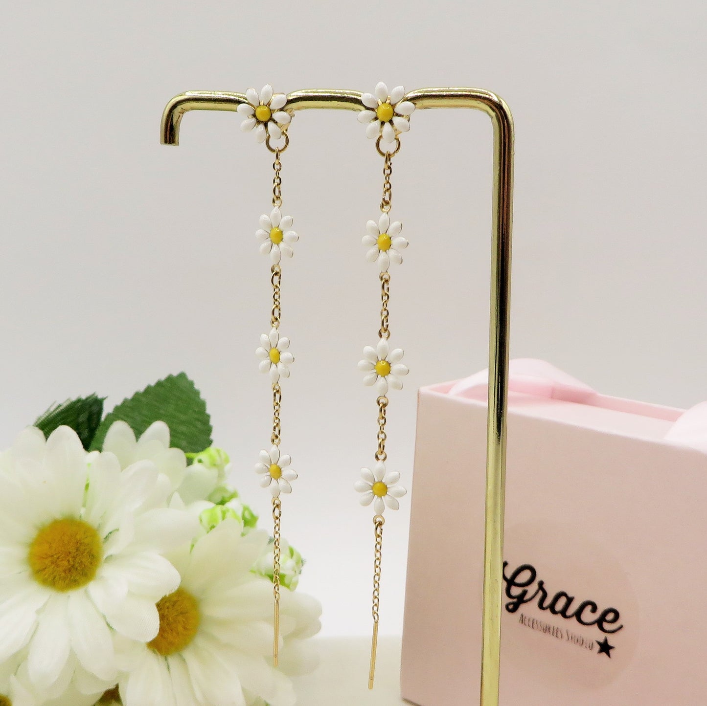 DAISY FAIRY ~ paio Orecchini ACCIAIO INOSSIDABILE pendenti con margherite stile saliscendi