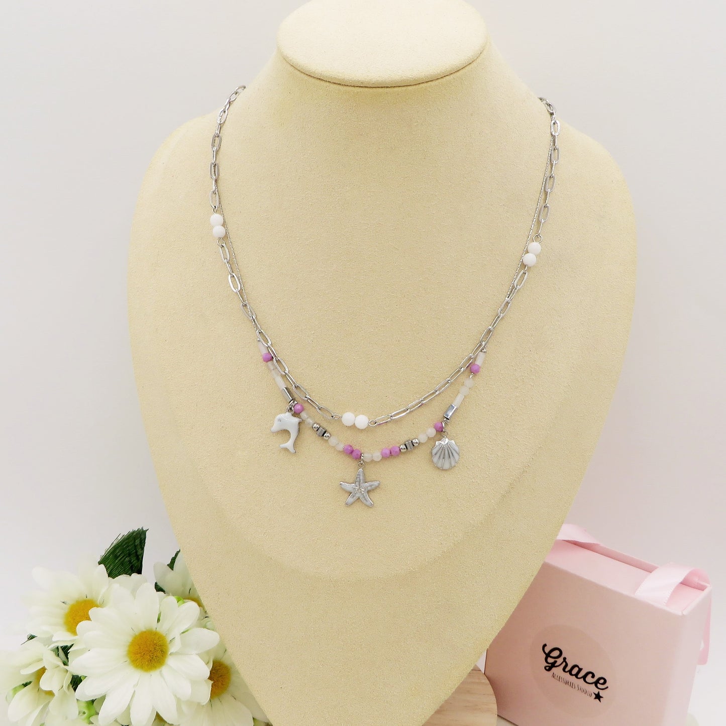 MADEIRA ~ Collana ACCIAIO INOSSIDABILE con perline e charms marini