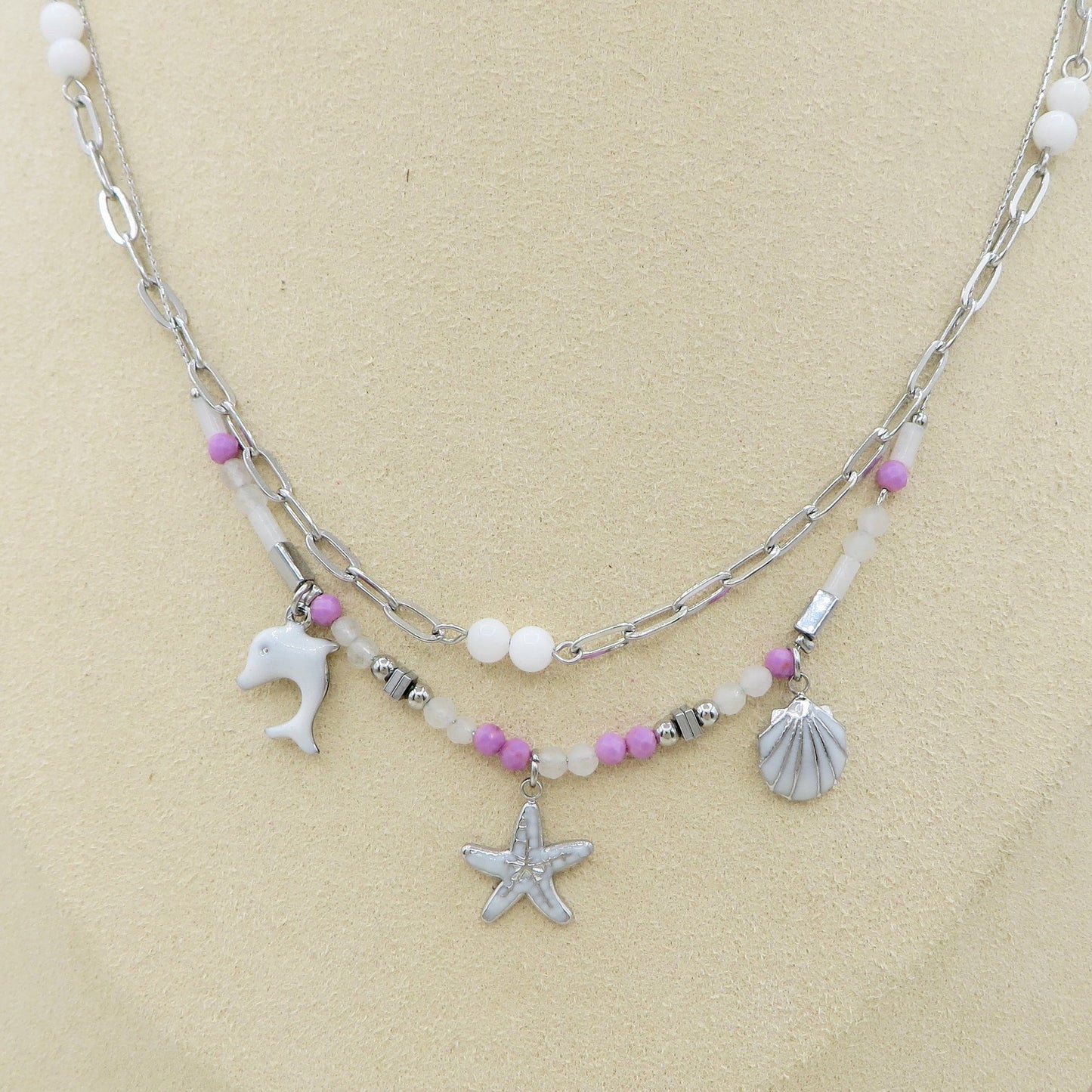MADEIRA ~ Collana ACCIAIO INOSSIDABILE con perline e charms marini