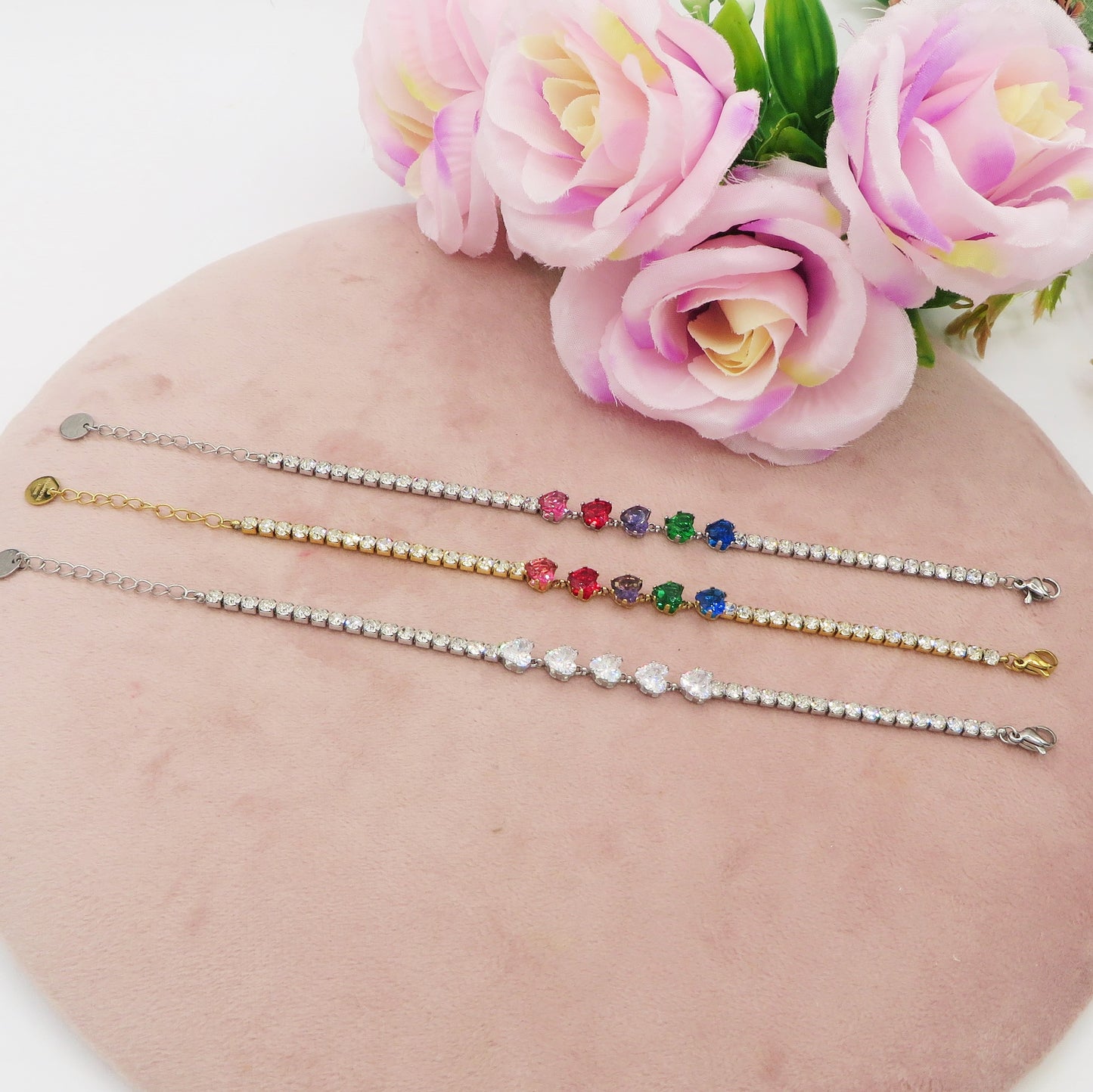 PENELOPE ~ Bracciale tennis cuori cubic zirconia ACCIAIO INOSSIDABILE regolabile