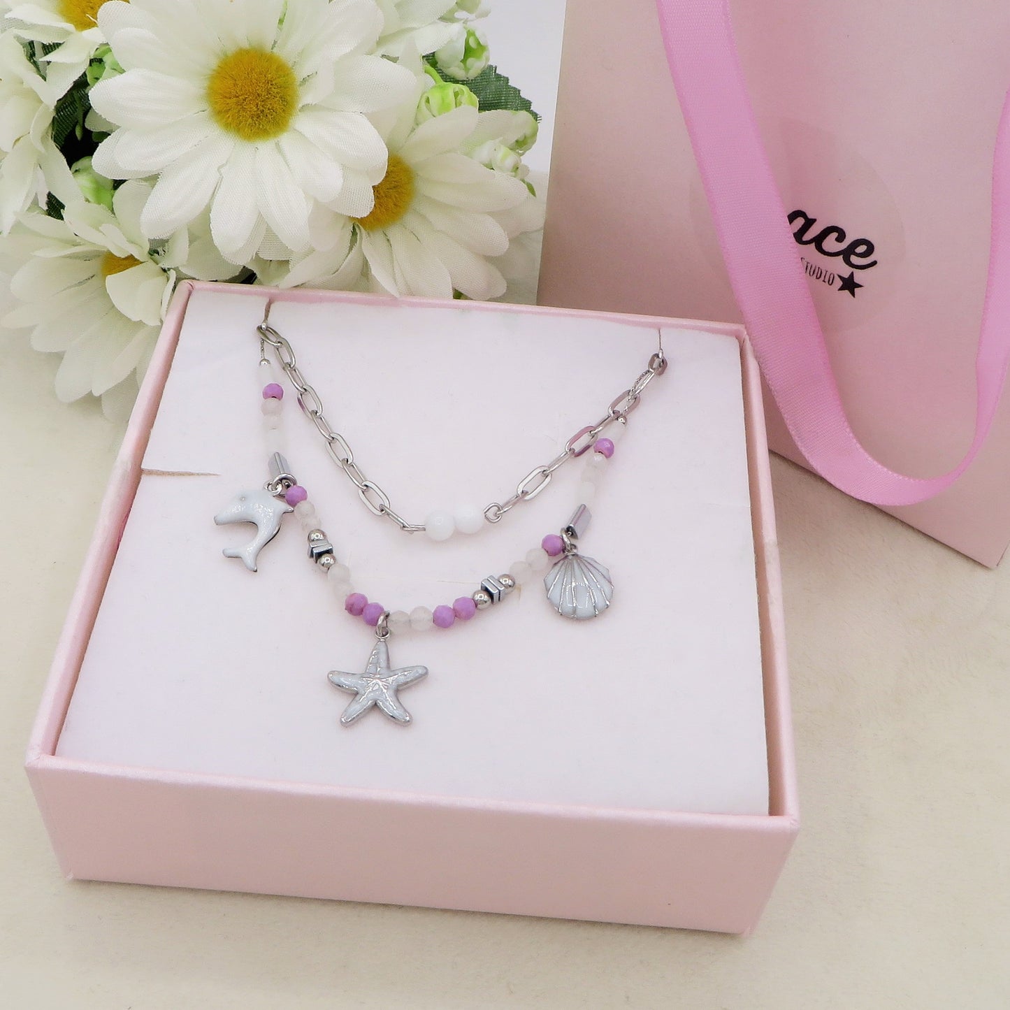 MADEIRA ~ Collana ACCIAIO INOSSIDABILE con perline e charms marini