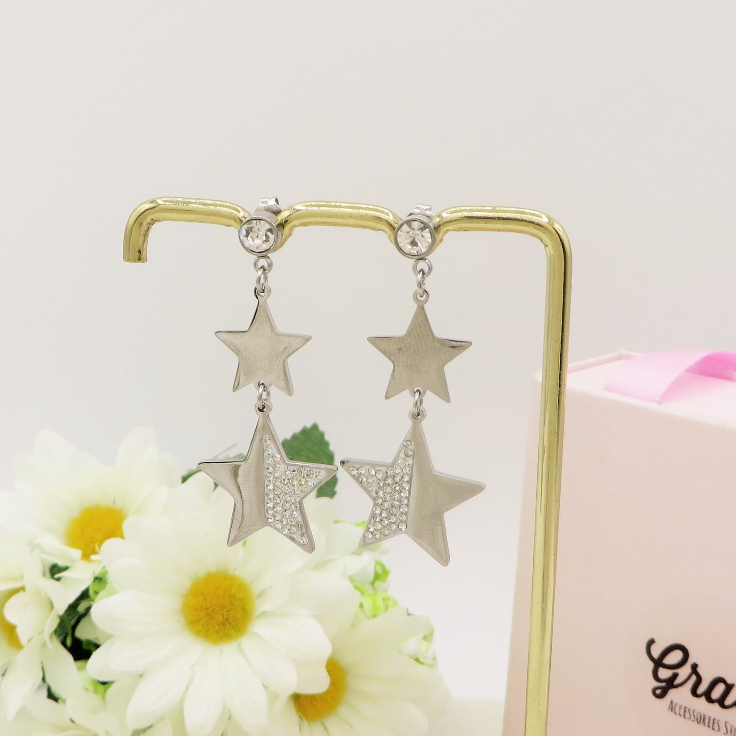 STARS pendenti ~ Orecchini pendenti con stelle e cubic zirconia in acciaio inossidabile