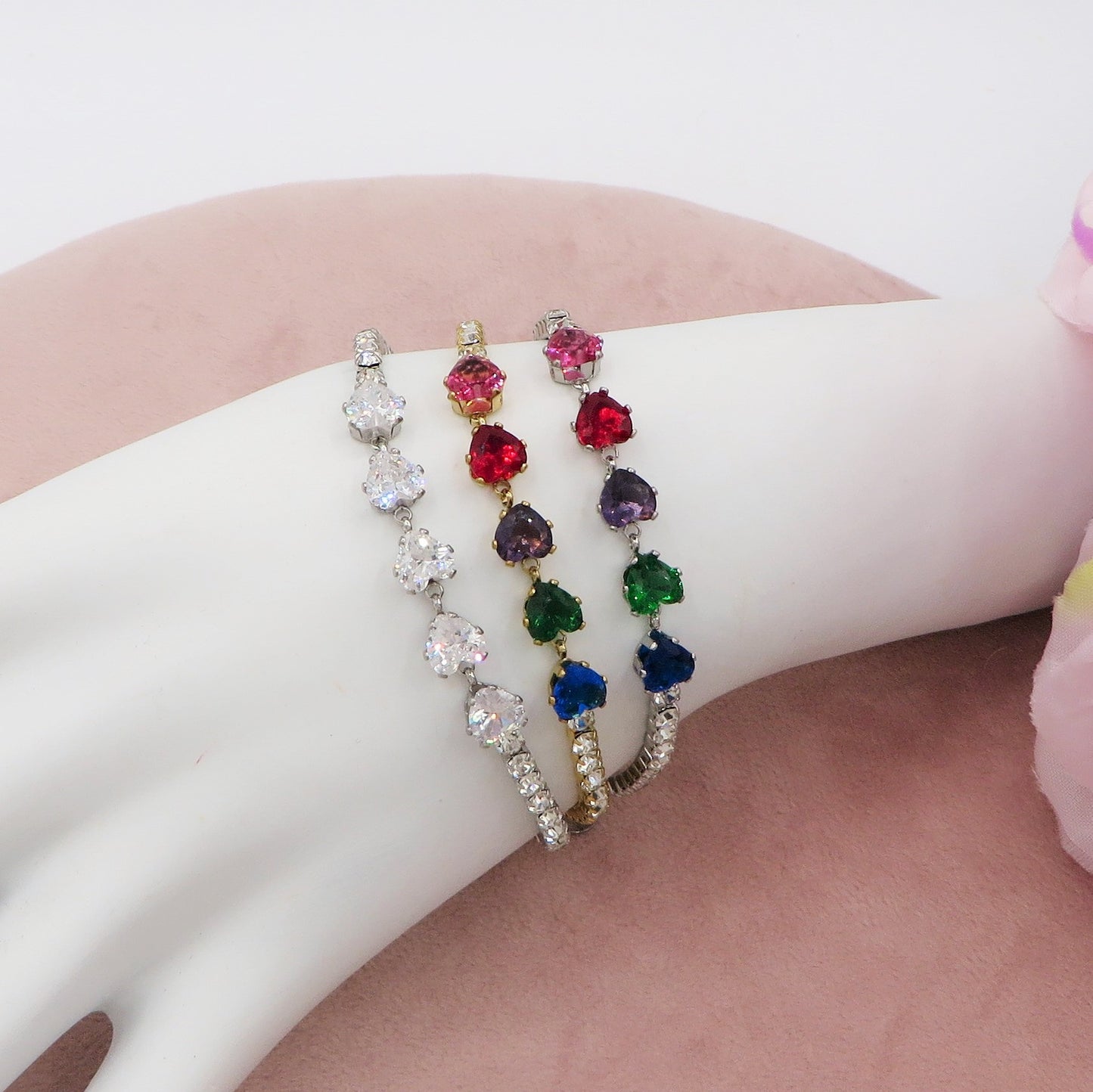 PENELOPE ~ Bracciale tennis cuori cubic zirconia ACCIAIO INOSSIDABILE regolabile