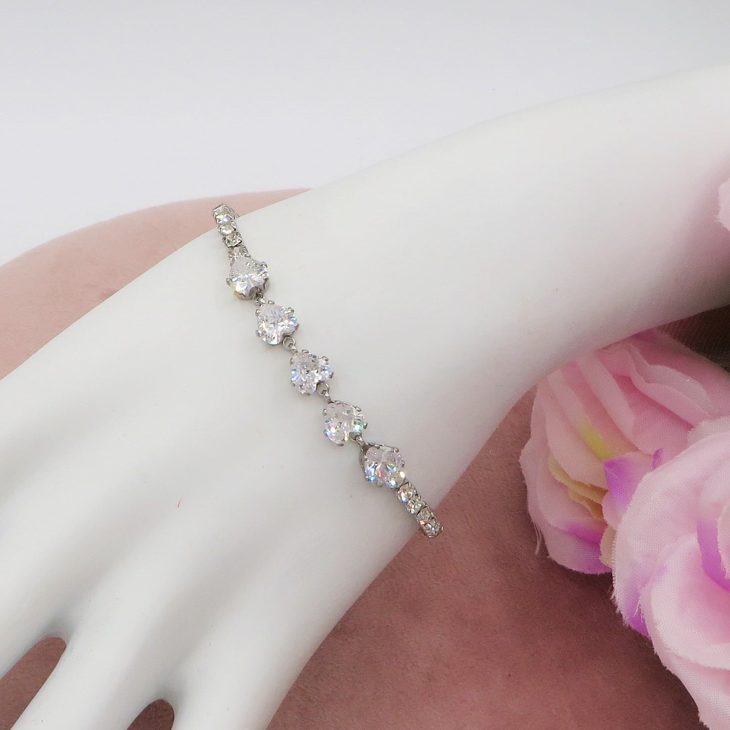 PENELOPE ~ Bracciale tennis cuori cubic zirconia ACCIAIO INOSSIDABILE regolabile