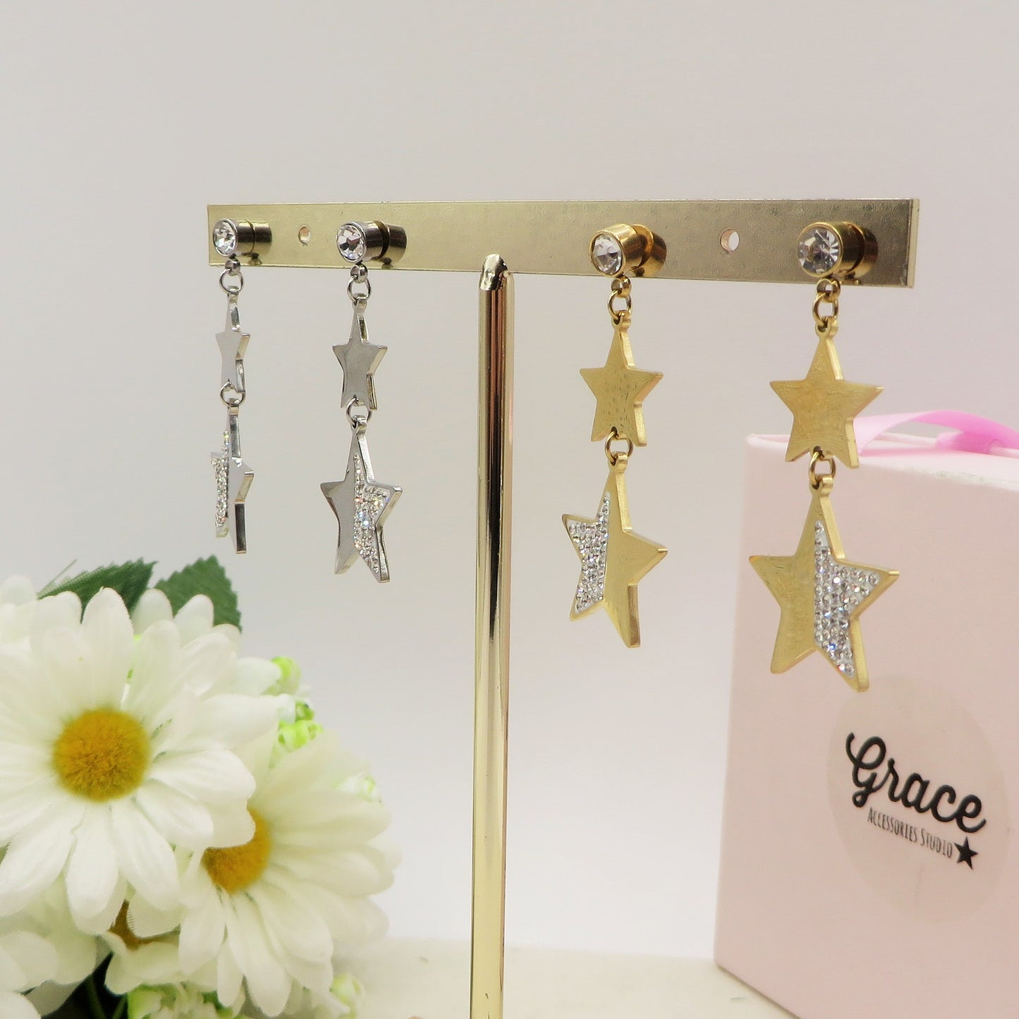 STARS pendenti ~ Orecchini pendenti con stelle e cubic zirconia in acciaio inossidabile