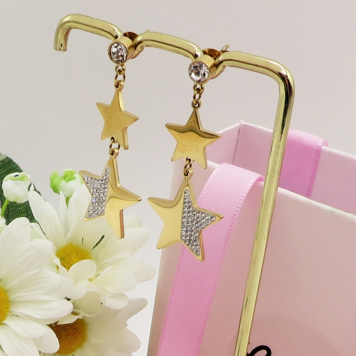 STARS pendenti ~ Orecchini pendenti con stelle e cubic zirconia in acciaio inossidabile