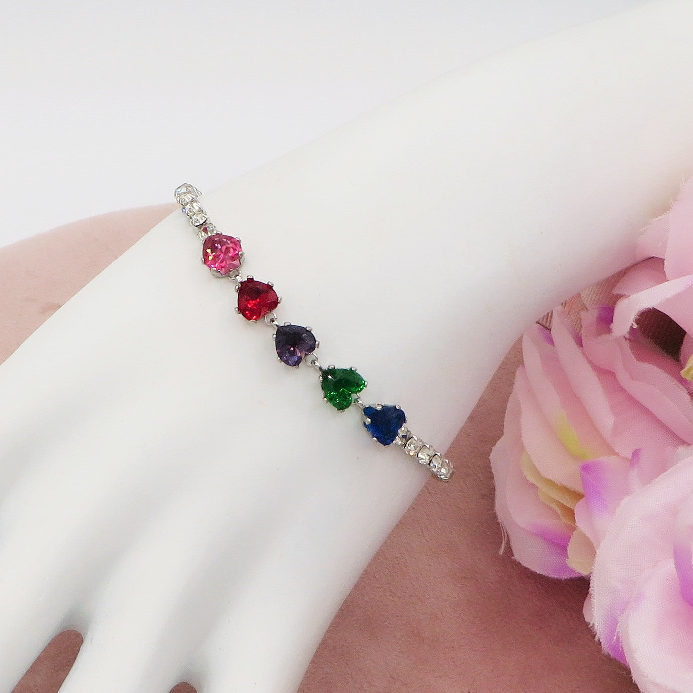 PENELOPE ~ Bracciale tennis cuori cubic zirconia ACCIAIO INOSSIDABILE regolabile
