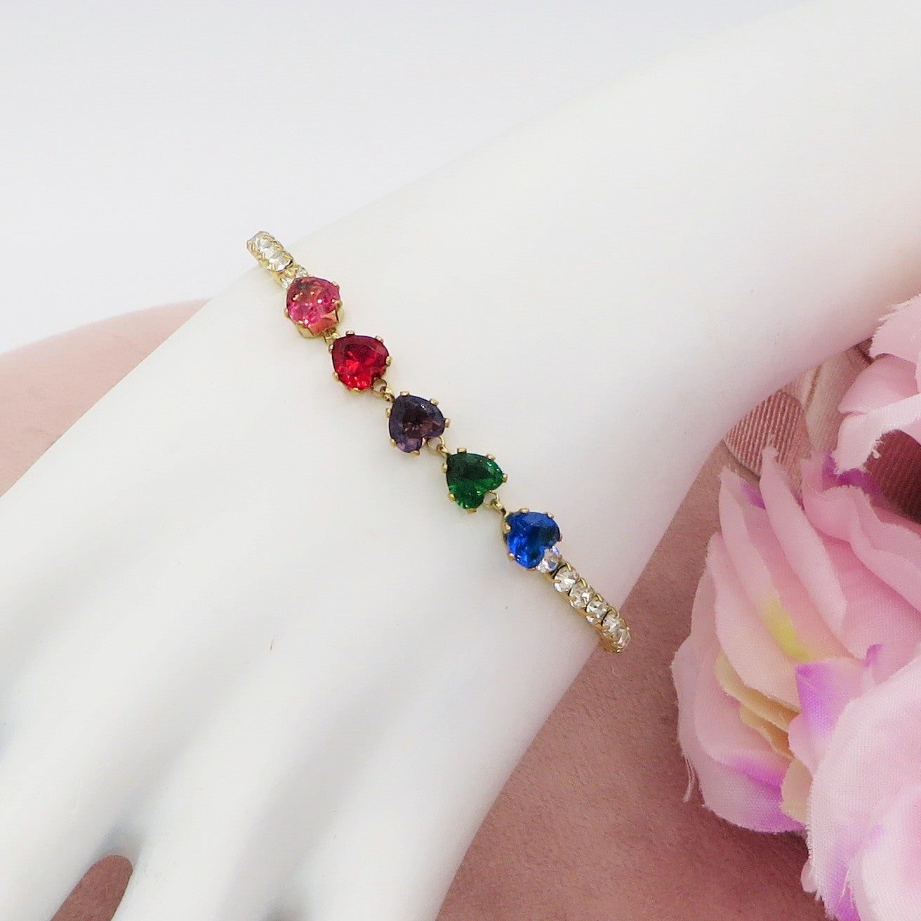 PENELOPE ~ Bracciale tennis cuori cubic zirconia ACCIAIO INOSSIDABILE regolabile
