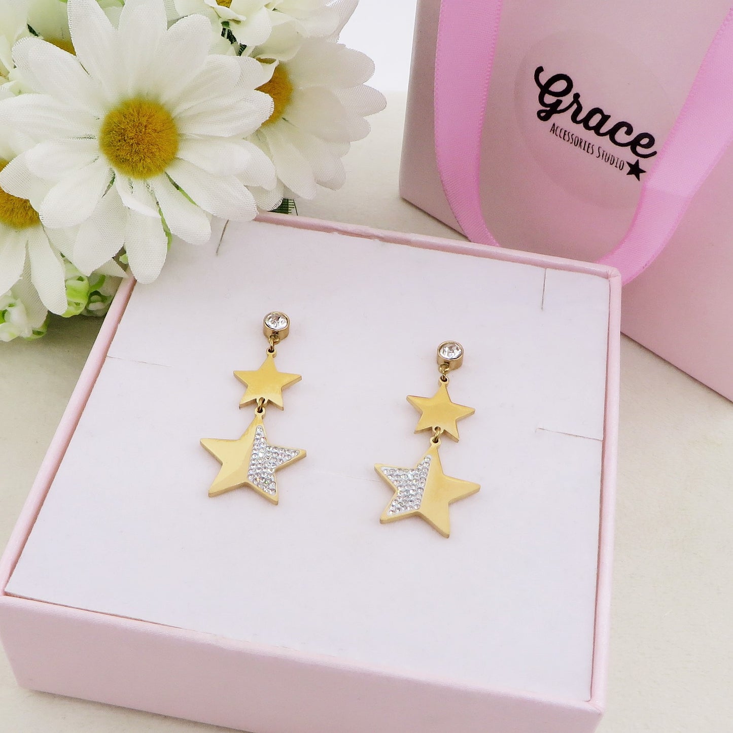 STARS pendenti ~ Orecchini pendenti con stelle e cubic zirconia in acciaio inossidabile