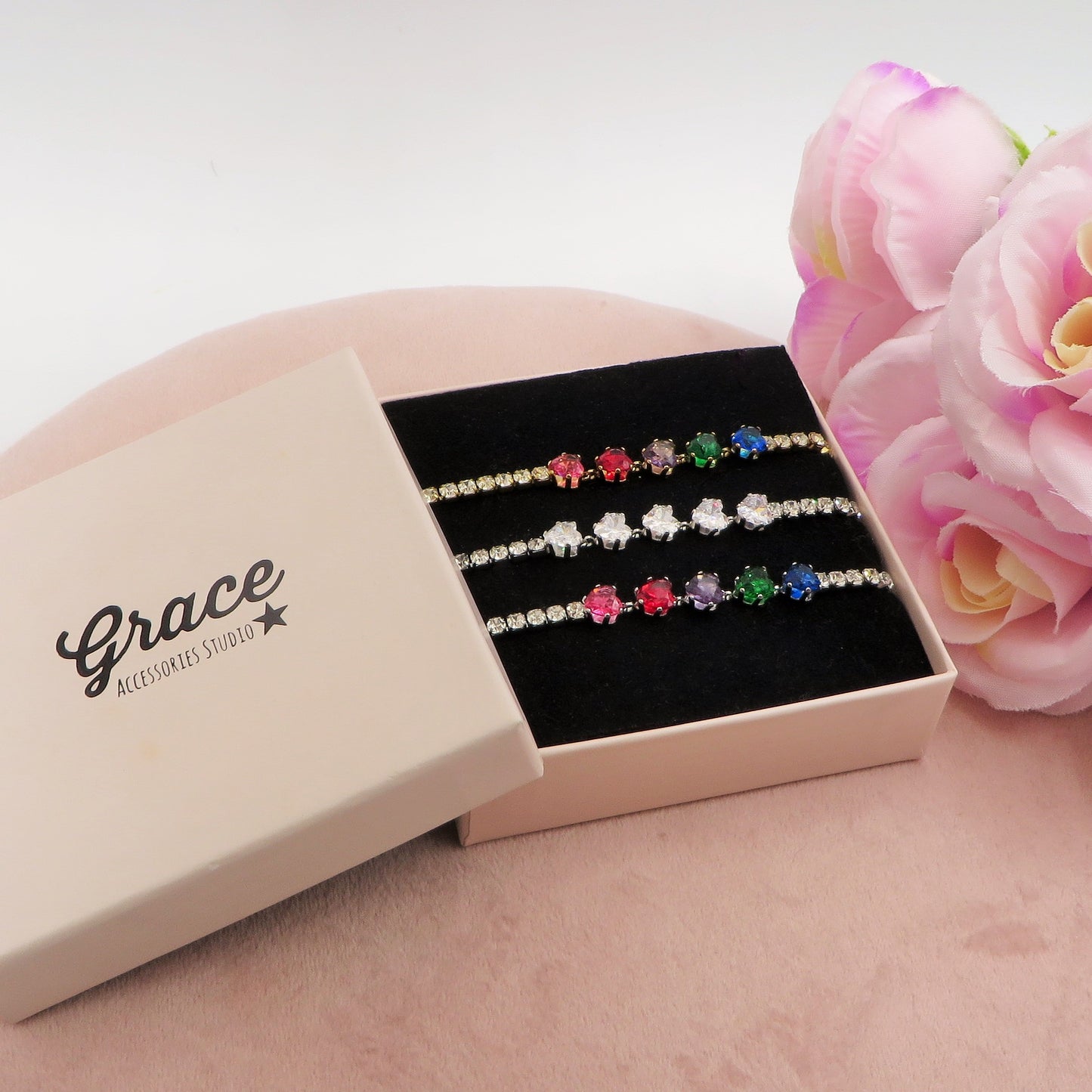 PENELOPE ~ Bracciale tennis cuori cubic zirconia ACCIAIO INOSSIDABILE regolabile