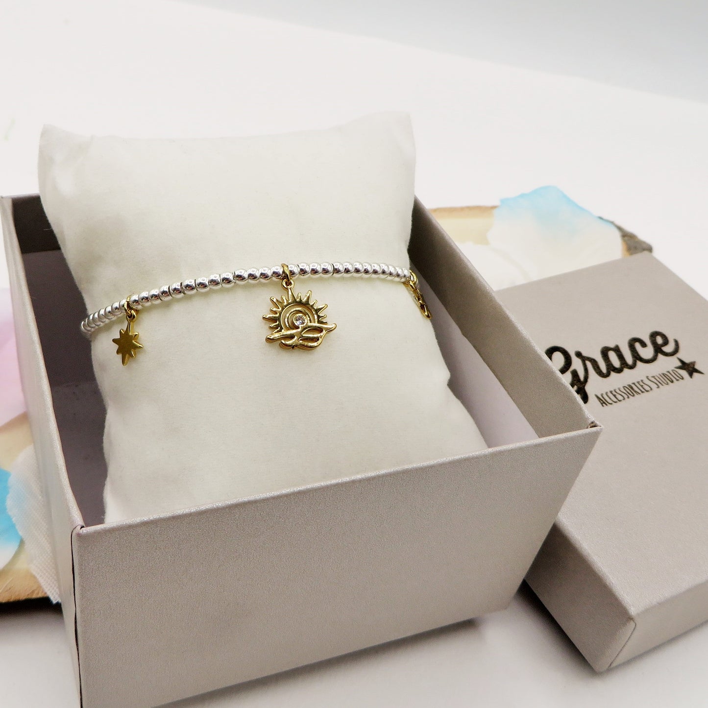 SUNSET Bracciale mini pallini bagnato ARGENTO con pendenti ~ in ACCIAIO INOSSIDABILE