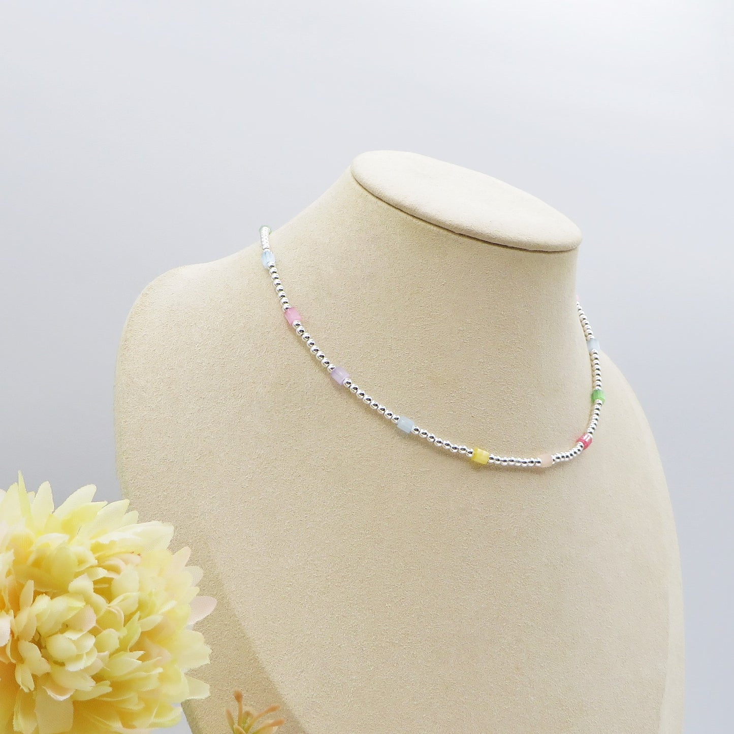 ISLA Collana mini pallini bagnato ARGENTO con perline ~ ACCIAIO INOSSIDABILE
