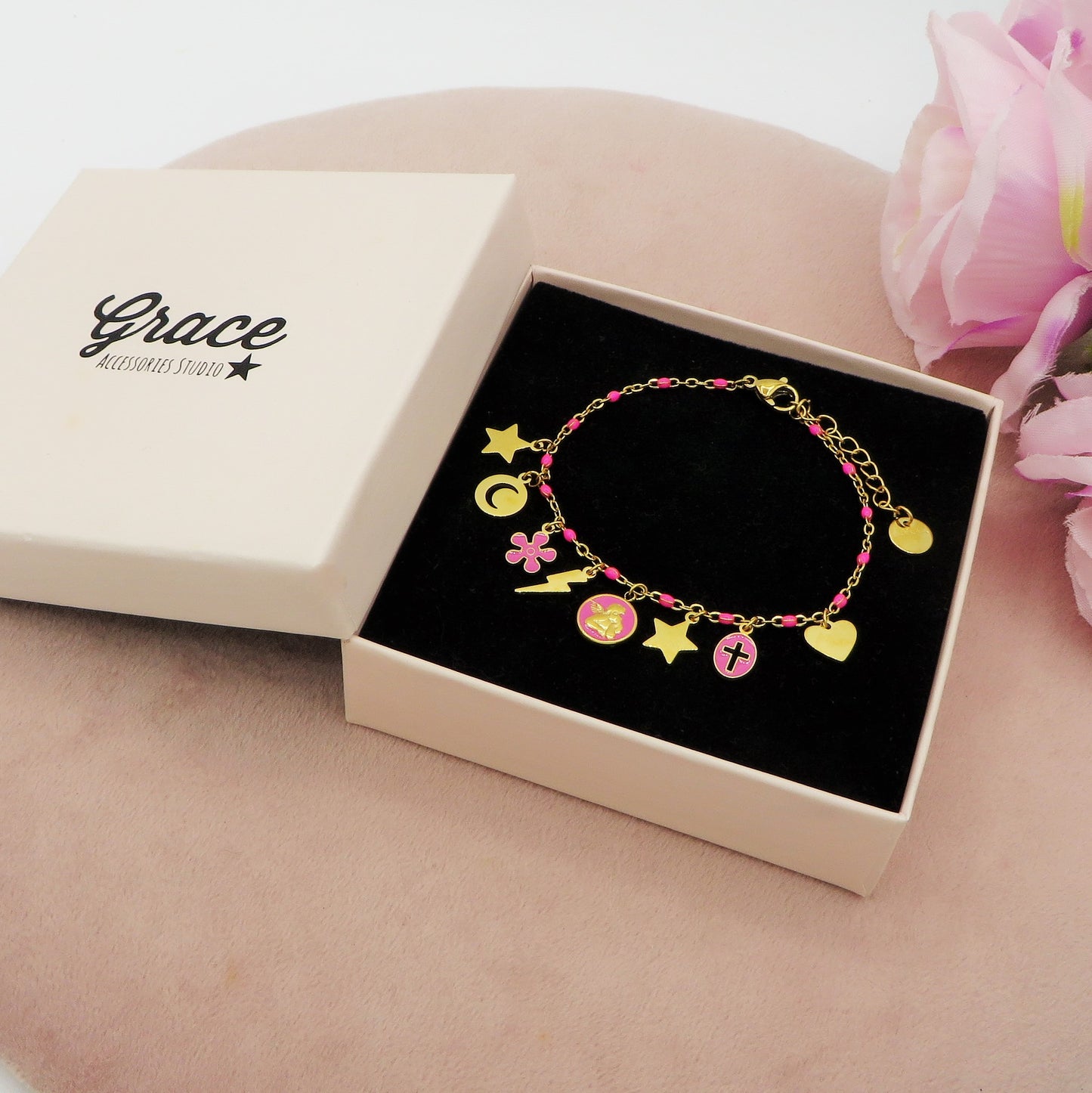 CHERUB CHARMS ~ Bracciale ACCIAIO INOSSIDABILE con perline e ciondoli