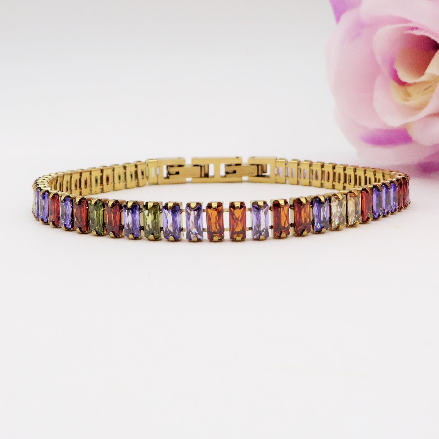 JULIANNE ~ BRACCIALE Tennis 9 Colori - in ACCIAIO INOSSIDABILE con Cubic Zirconia Taglio baguette