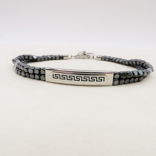ARES Bracciale uomo Targhetta con greche e cubetti in ematite - ACCIAIO INOSSIDABILE