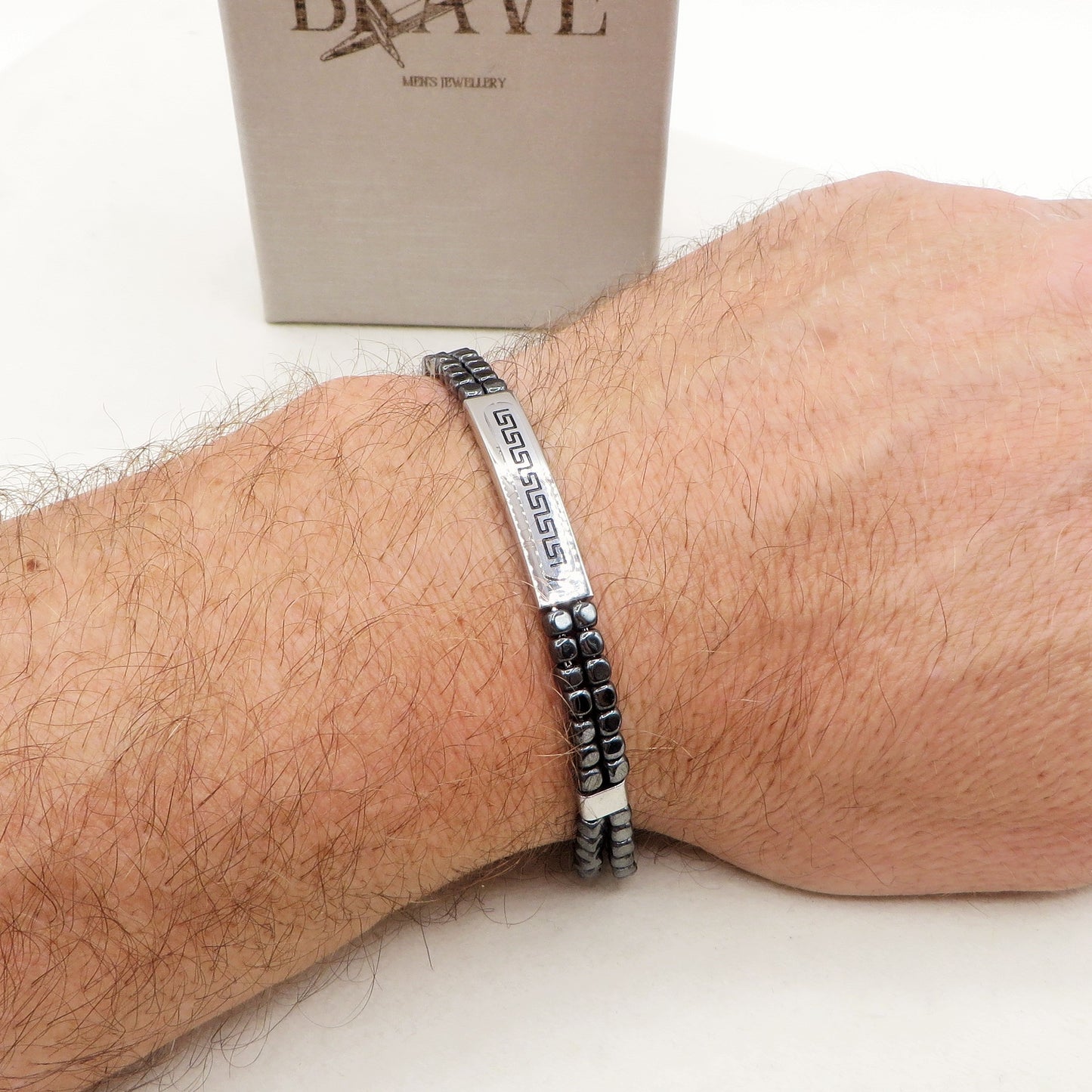 ARES Bracciale uomo Targhetta con greche e cubetti in ematite - ACCIAIO INOSSIDABILE