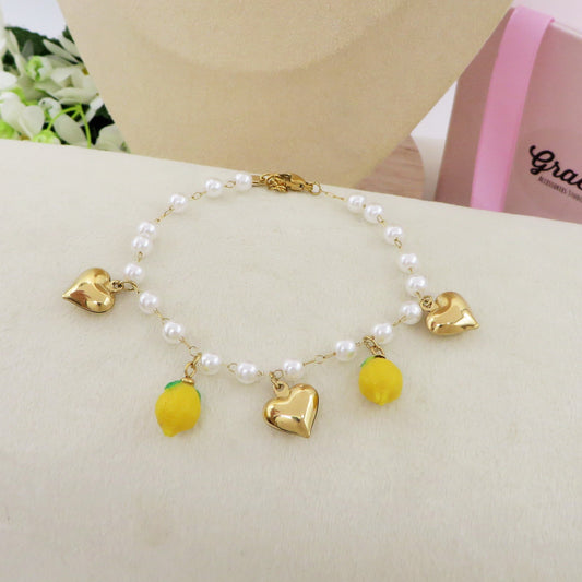 LEMONS PEARLS BRACELET - ACCIAIO inossidabile - Bracciale catena charms frutta LIMONI