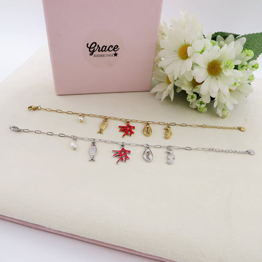 CORALINE- ACCIAIO inossidabile - Bracciale catena charms coralli e charms marini