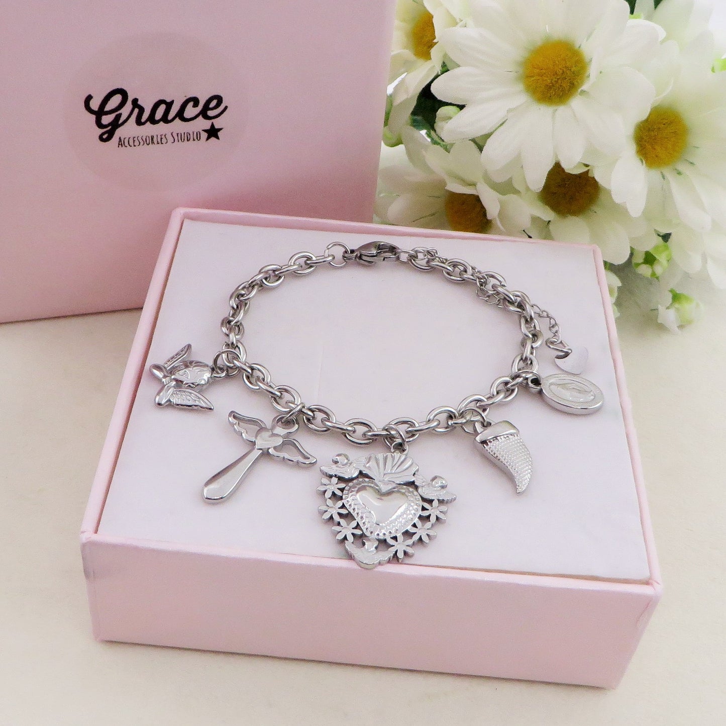 HOLY - Bracciale con cuore sacro. madonnina, croce, angelo pendenti charms ACCIAIO INOSSIDABILE