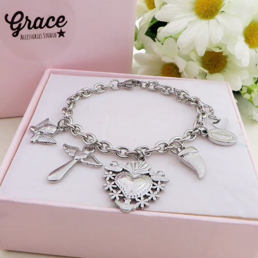 HOLY - Bracciale con cuore sacro. madonnina, croce, angelo pendenti charms ACCIAIO INOSSIDABILE