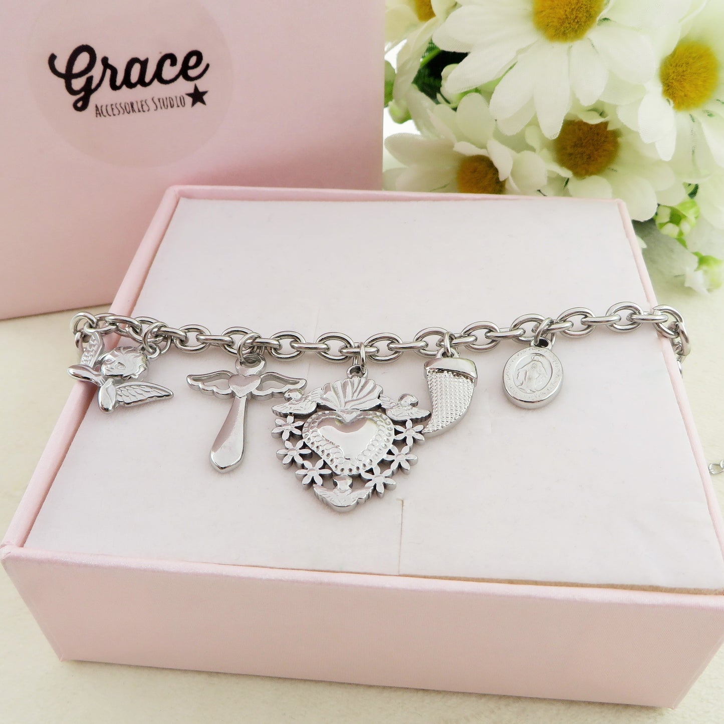 HOLY - Bracciale con cuore sacro. madonnina, croce, angelo pendenti charms ACCIAIO INOSSIDABILE