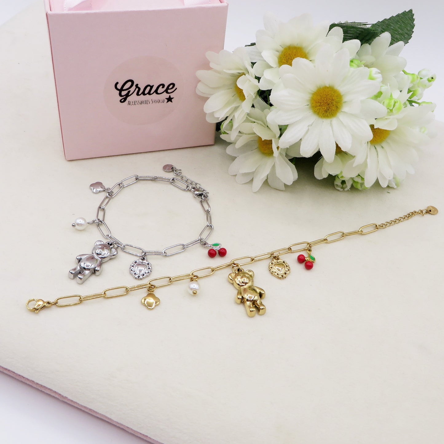 CHERRY TEDDY - ACCIAIO inossidabile - Bracciale catena charms orsetto, ciligie, cuore sacro