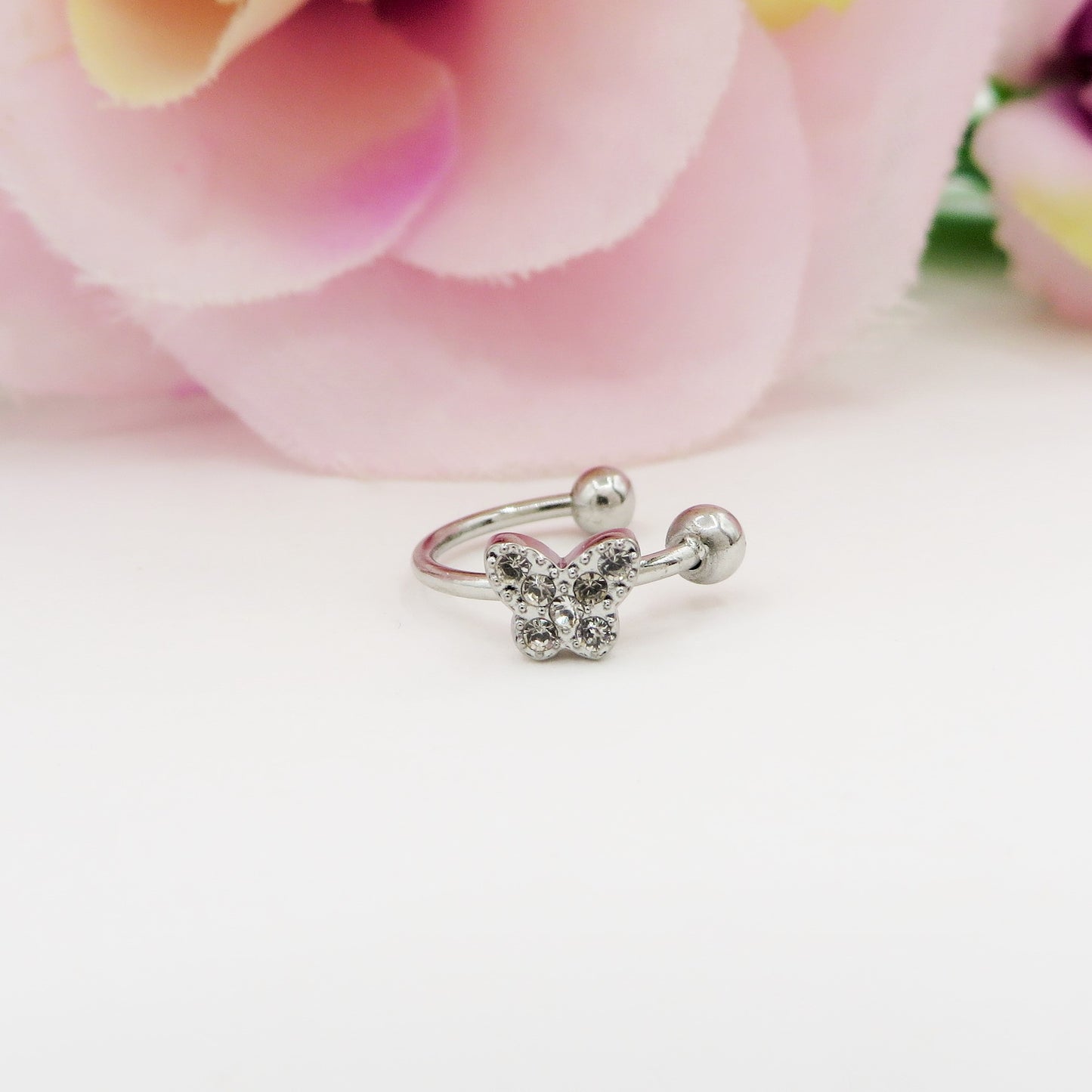 BUTTERFLY EARCUFF ~ ACCIAIO Inossidabile orecchino Senza buco con farfalla in cubic zirconia