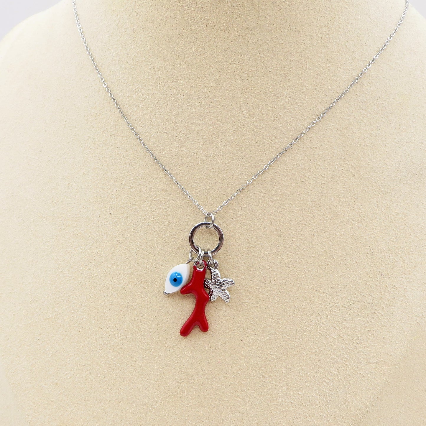 CORALINE Collana ~ ACCIAIO INOSSIDABILE - Collana catenina con ciondoli marini, corallo, stella marina e occhio greco