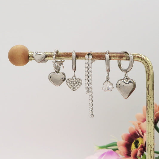 LOVE Set 6 orecchini - ACCIAIO INOSSIDABILE - 6 Orecchini pendenti cuori bombè con cubic zirconia