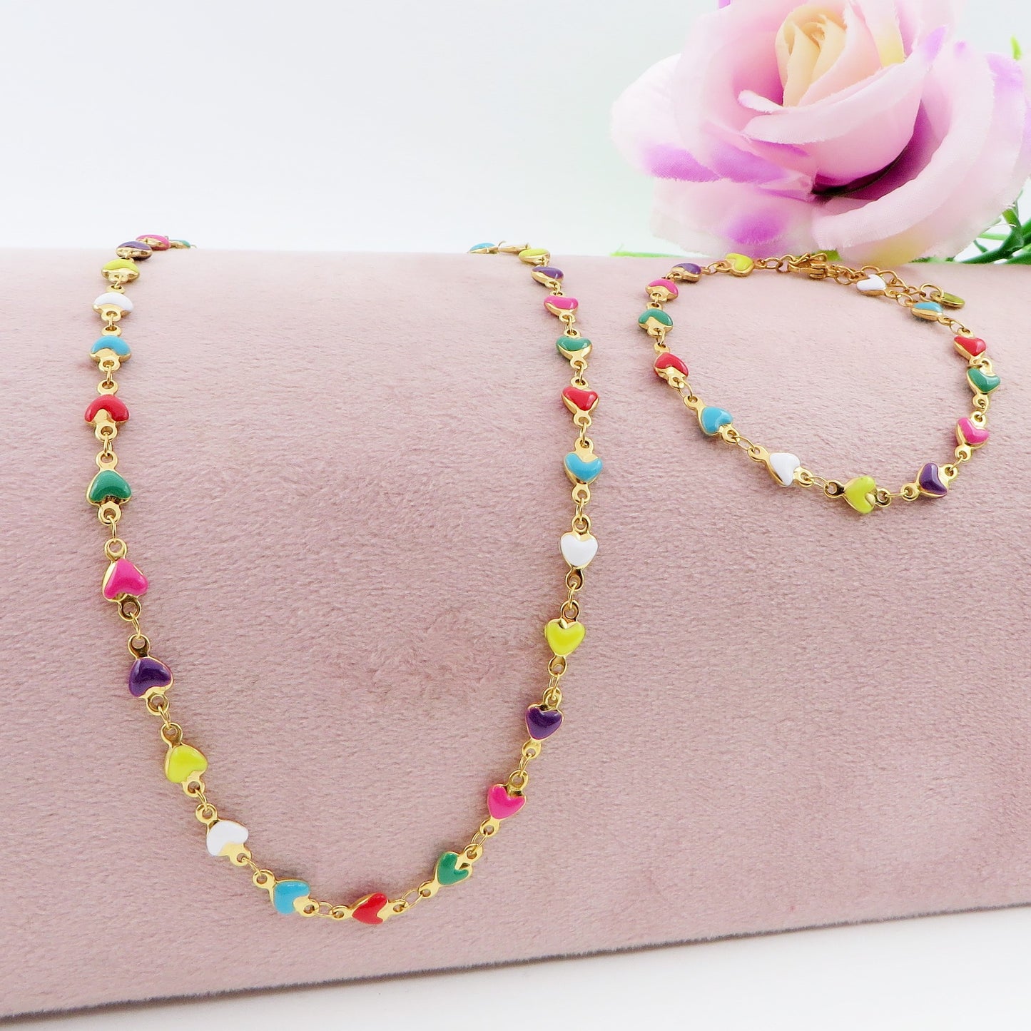 TAHITI~ Collana ACCIAIO INOSSIDABILE con cuori smaltati