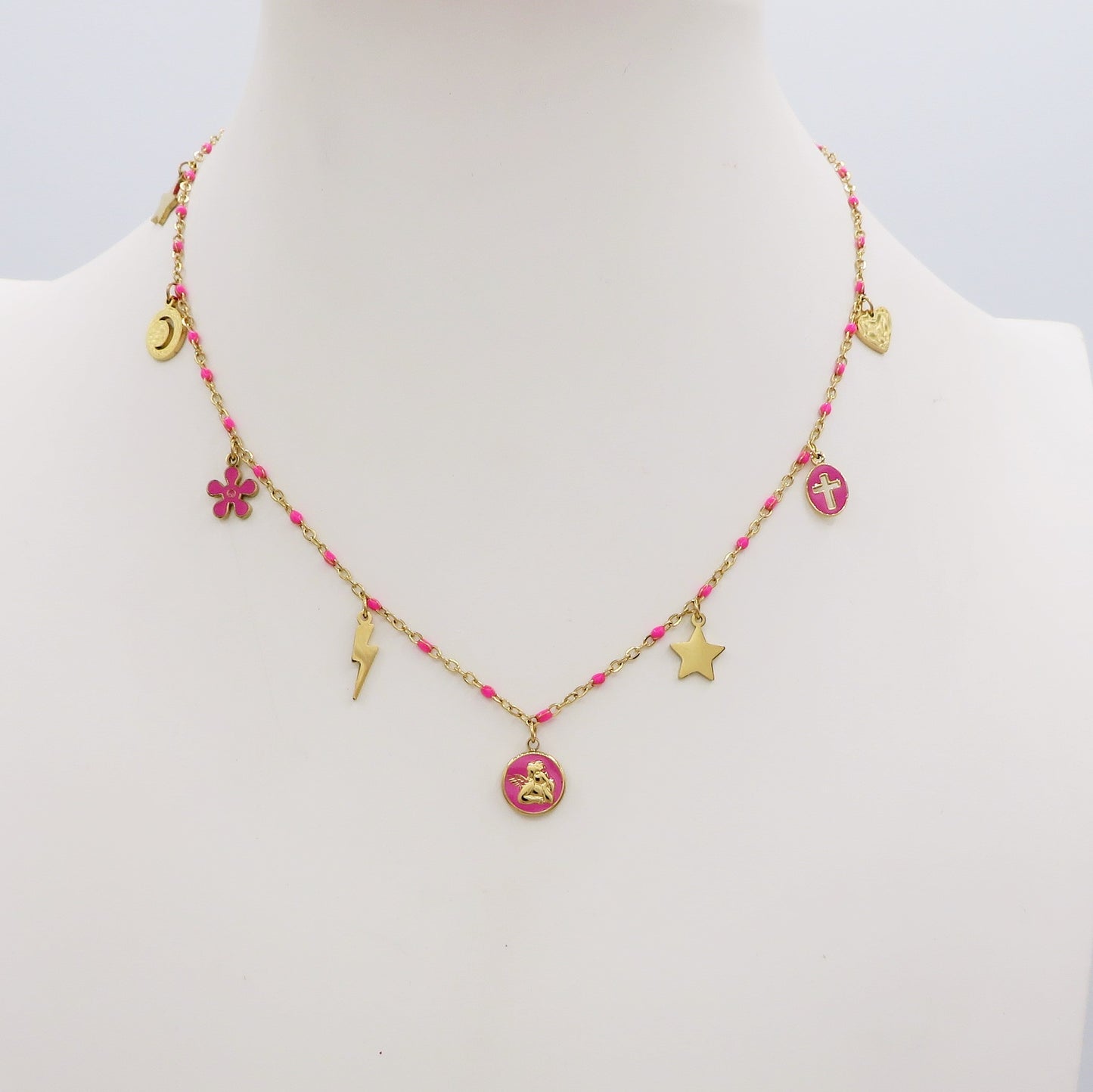 CHERUB CHARMS ~ Collana ACCIAIO INOSSIDABILE con perline e ciondoli