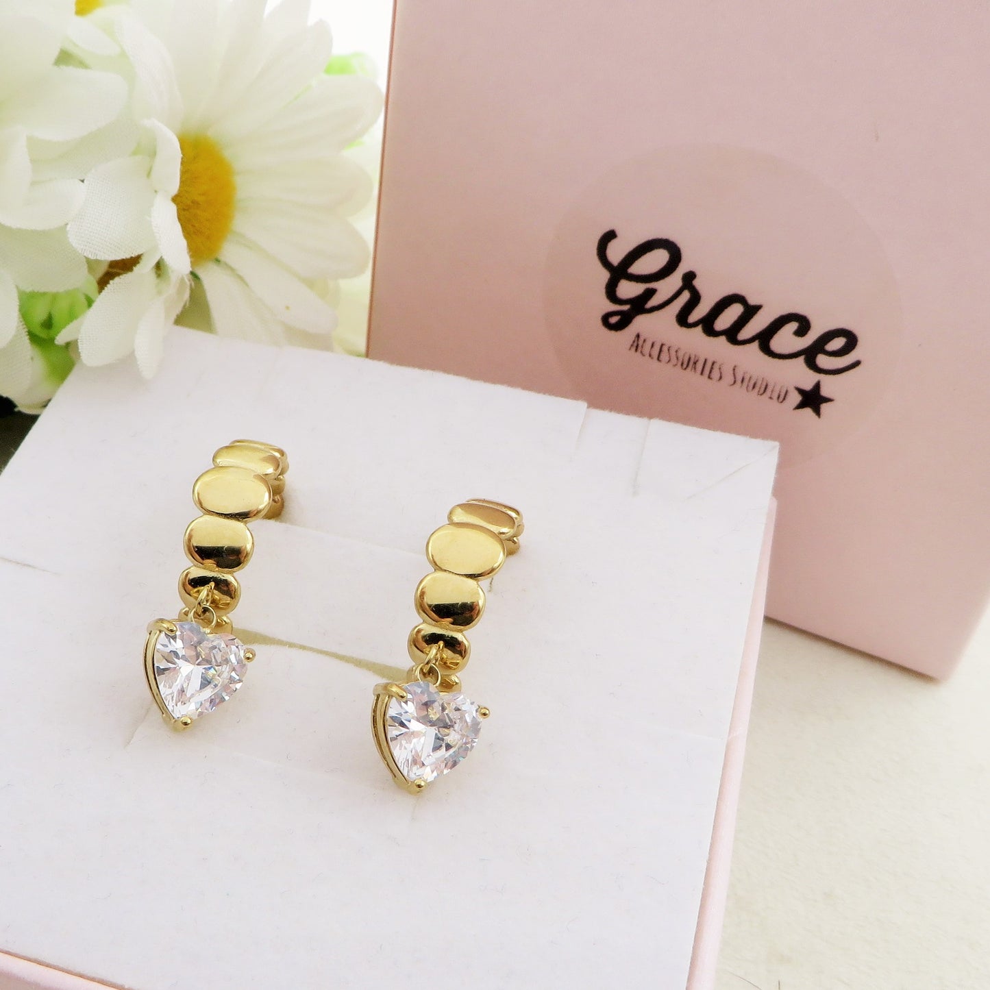 LUCY - ACCIAIO INOSSIDABILE - Paio Orecchini hoops pendenti in cubic zirconia a forma di cuore