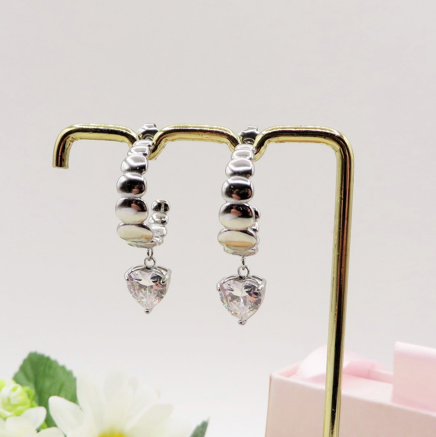 LUCY - ACCIAIO INOSSIDABILE - Paio Orecchini hoops pendenti in cubic zirconia a forma di cuore