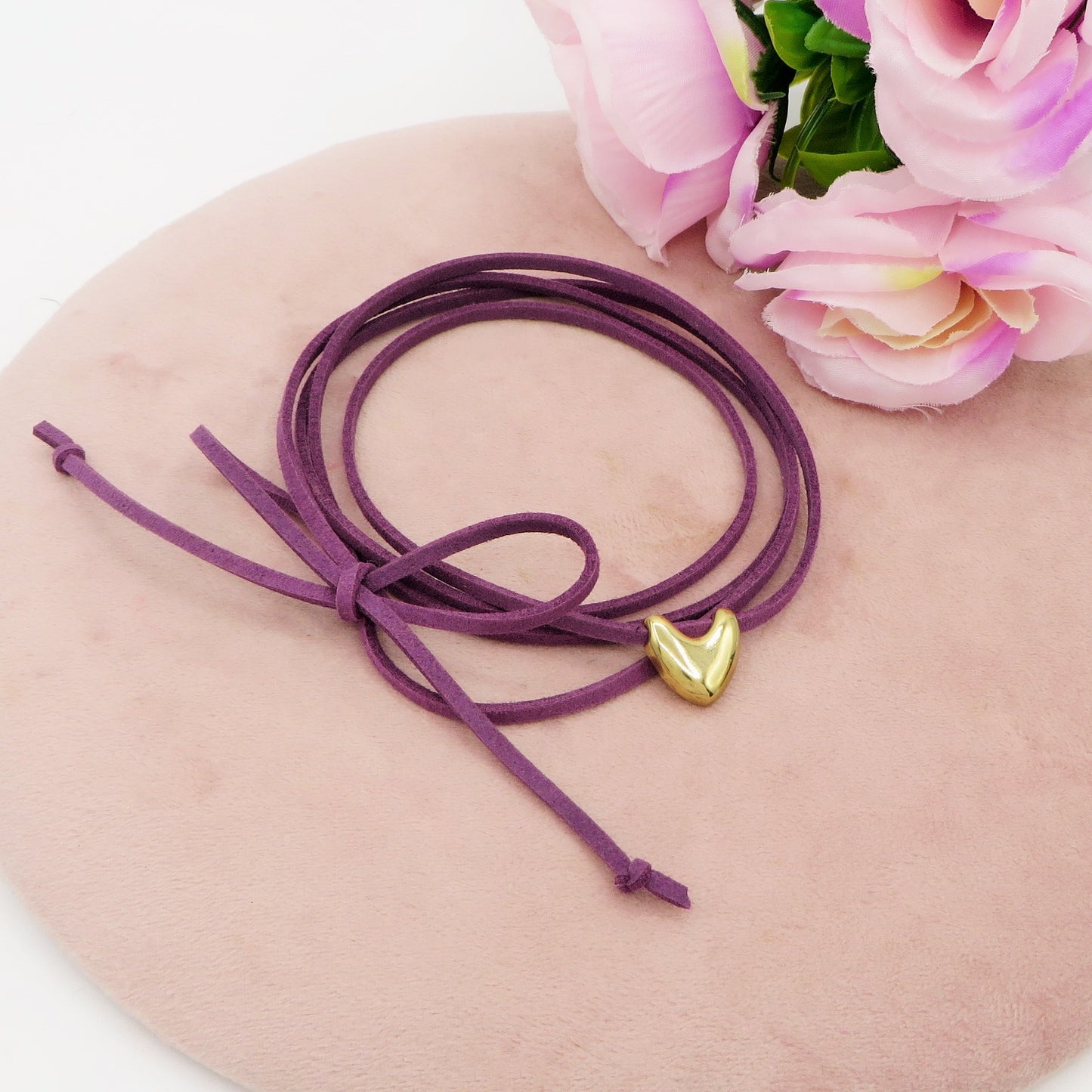 TORI - 6 Colori Collana & bracciale cuoricino bombè ACCIAIO INOSSIDABILE con cordino camoscio