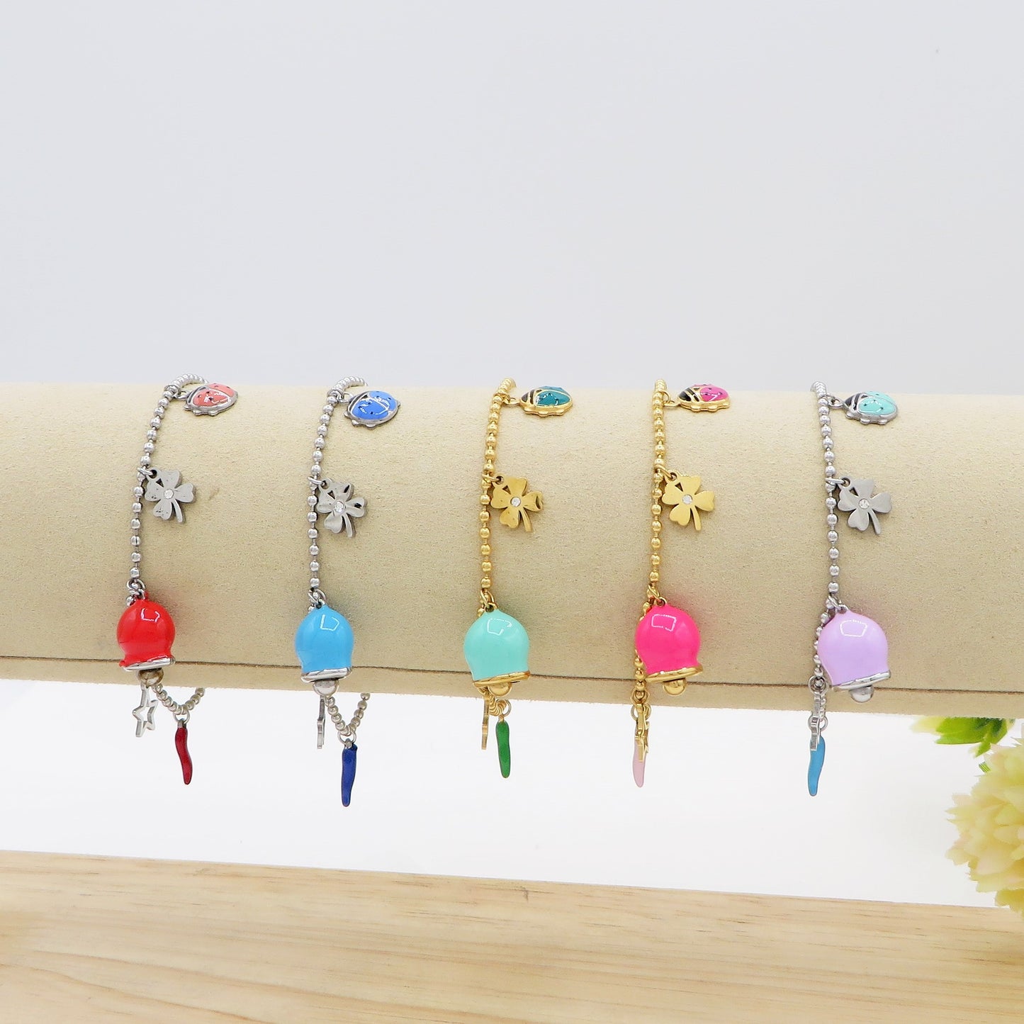 TINKERBELL LUCKY ~ Bracciale ACCIAIO INOSSIDABILE con campanella e charms portafortuna