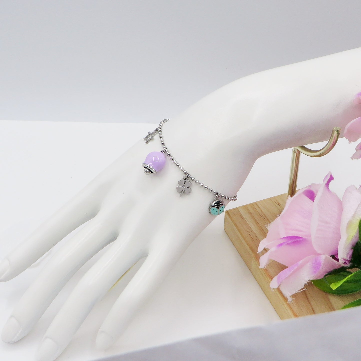 TINKERBELL LUCKY ~ Bracciale ACCIAIO INOSSIDABILE con campanella e charms portafortuna