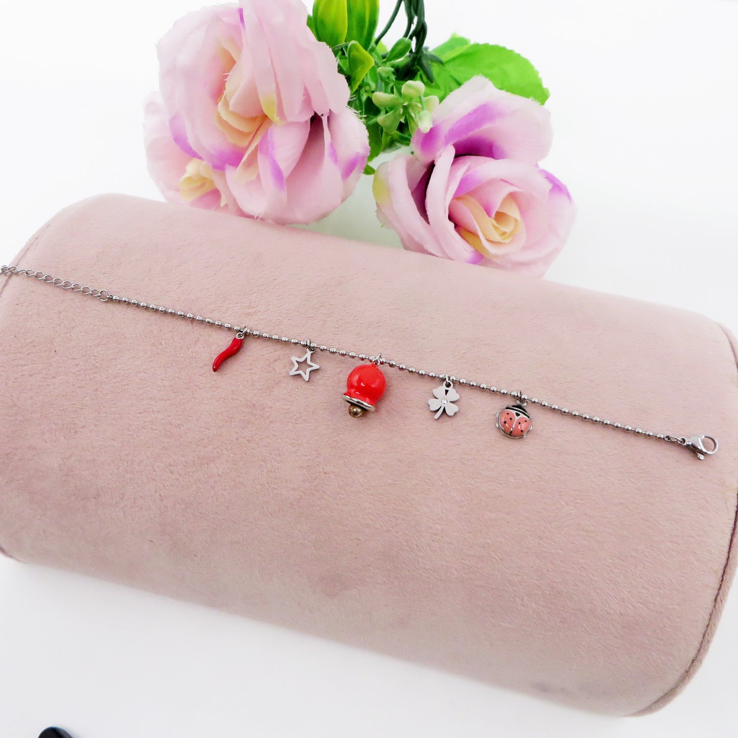 TINKERBELL LUCKY ~ Bracciale ACCIAIO INOSSIDABILE con campanella e charms portafortuna