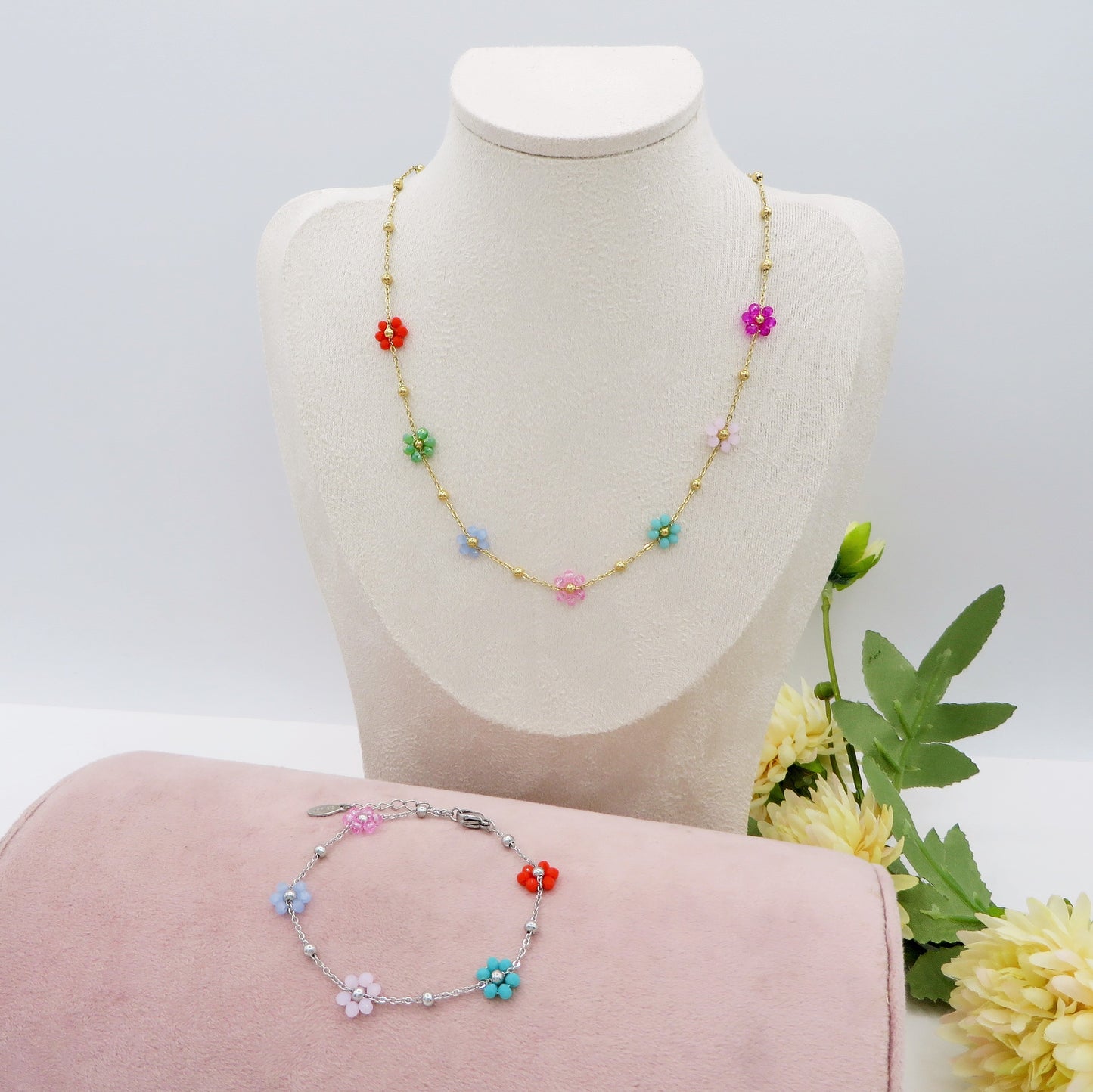 DAISY ~ ACCIAIO INOSSIDABILE ~ Bracciale con fiori e cristalli