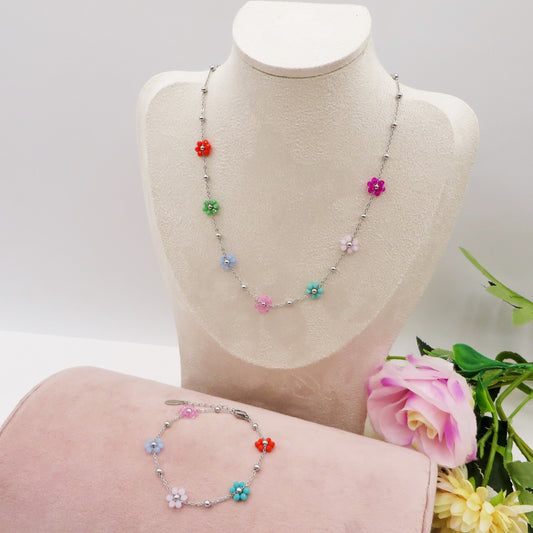 DAISY SET Rainbow argento ~ Collana e bracciale fiore cristalli Acciaio inossidabile