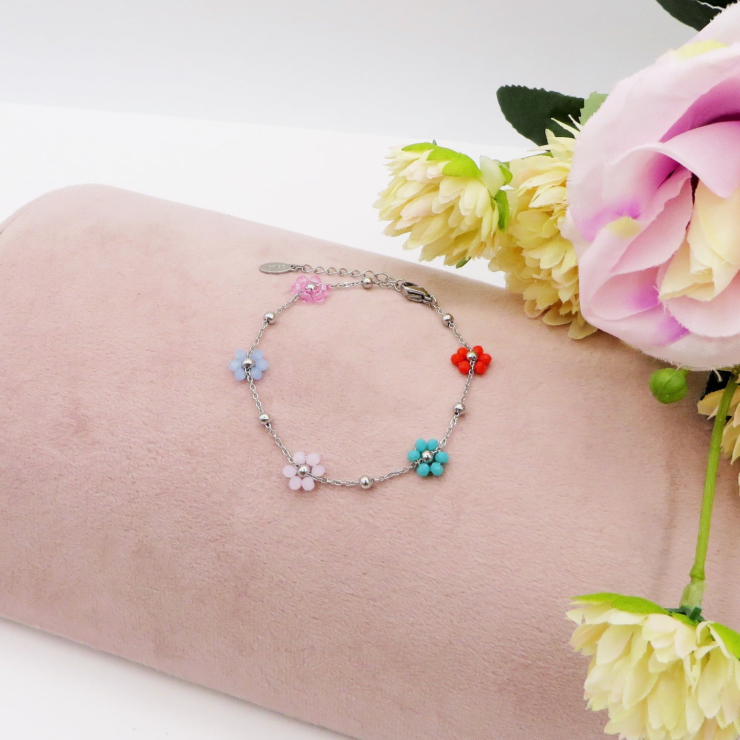 DAISY ~ ACCIAIO INOSSIDABILE ~ Bracciale con fiori e cristalli