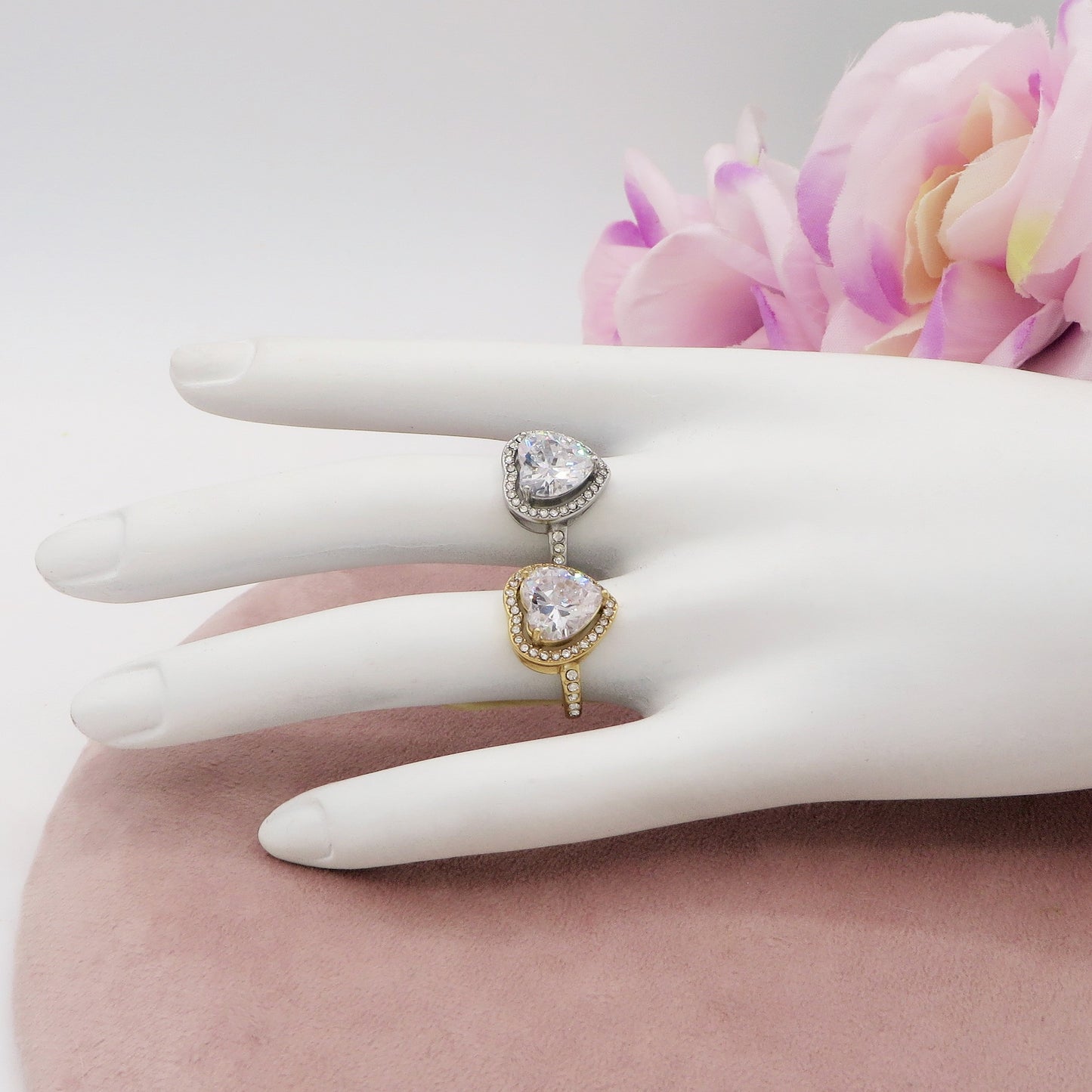 VICTORIA - Anello maxi solitario cuore regolabile in ACCIAIO inossidabile con cubic zirconia