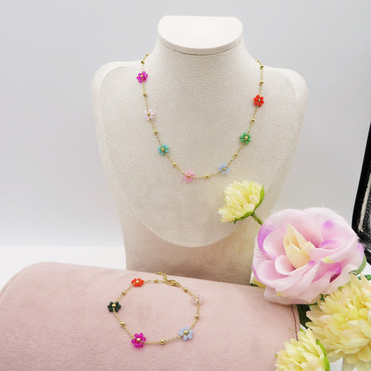 DAISY SET Rainbow oro ~ Collana e bracciale fiore cristalli Acciaio inossidabile